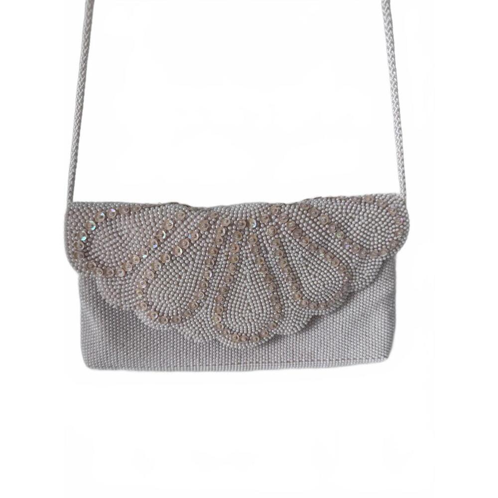 Vintage La Regale White Beaded Rectangular Clutch Purse with Long Strap